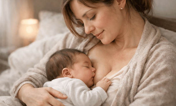 A close-up of a mother gently