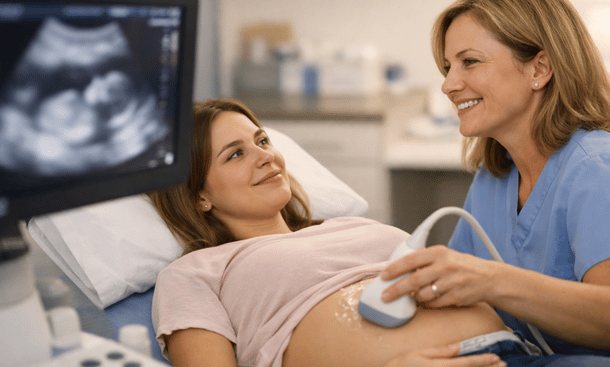 A pregnant woman lying on an examination table