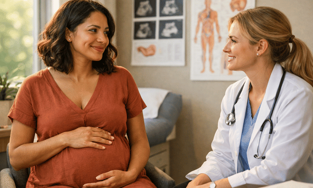 A pregnant woman speaking with a doctor