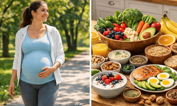 A pregnant woman walks in a garden