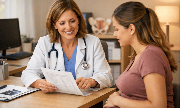 A female doctor next to a pregnant patient