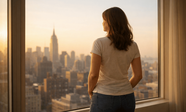 woman standing in a sunlit room