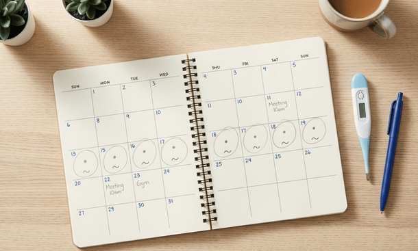 Fertility tracking calendar flat-lay
