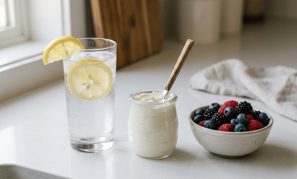 Glass of water, yogurt, berries