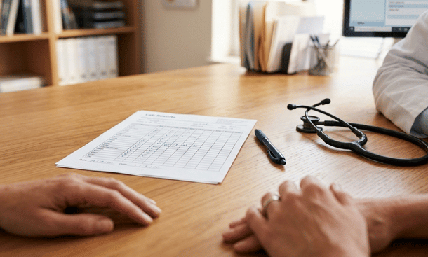 Doctor's desk with lab results