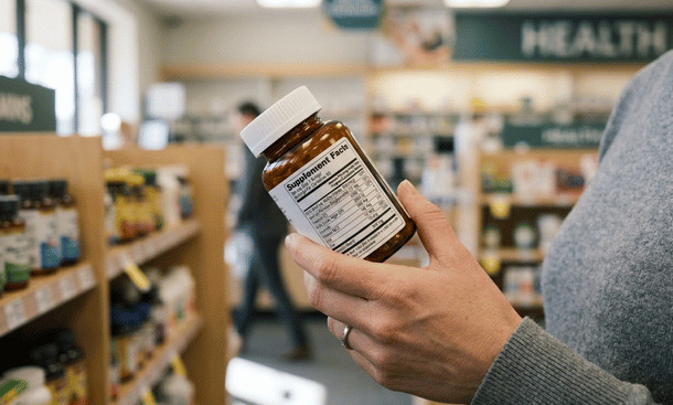 Woman's hand holding vitamin bottle
