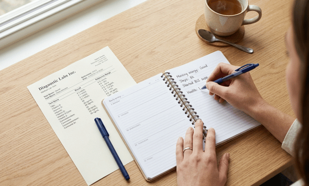 Woman writing in planner desk