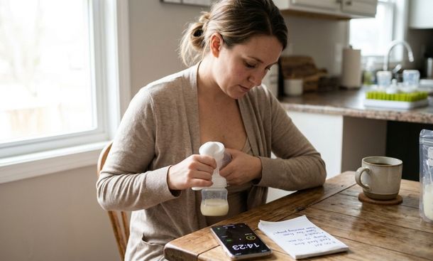 Mother using breast pump kitchen