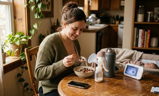 Mother using breast pump morning