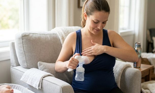 Mother using breast pump technique
