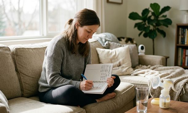 Mother writing notes after pumping
