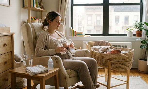 Mother using manual breast pump