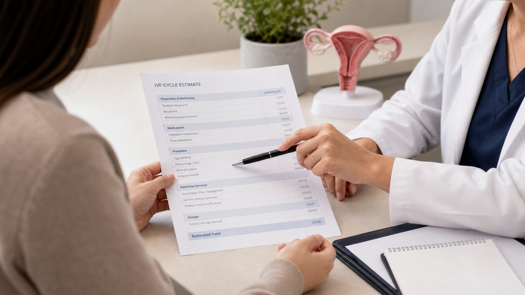 create a realistic close-up of two printed IVF clinic estimates side by side on a desk, with a pen circling different line items. Keep text generic and not