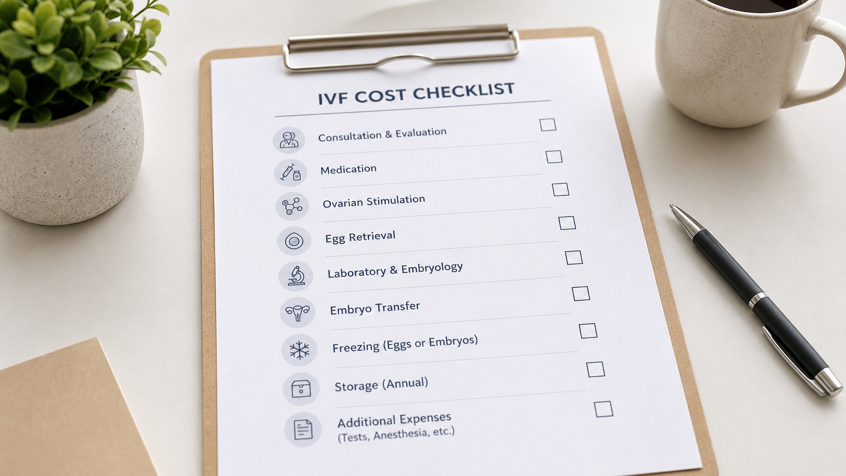 create a realistic image of a notebook page with IVF budget categories: base cycle, medication, ICSI, PGT, transfer, freezing, storage, travel. Place a cal