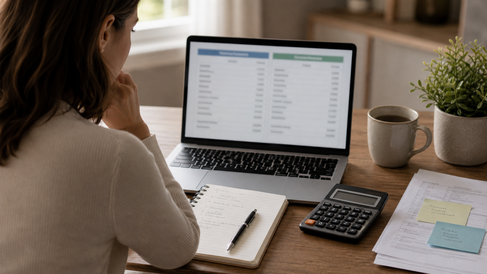 create a realistic image of a woman on a phone call with a fertility clinic financial coordinator while looking at a spreadsheet on her laptop. Use a calm