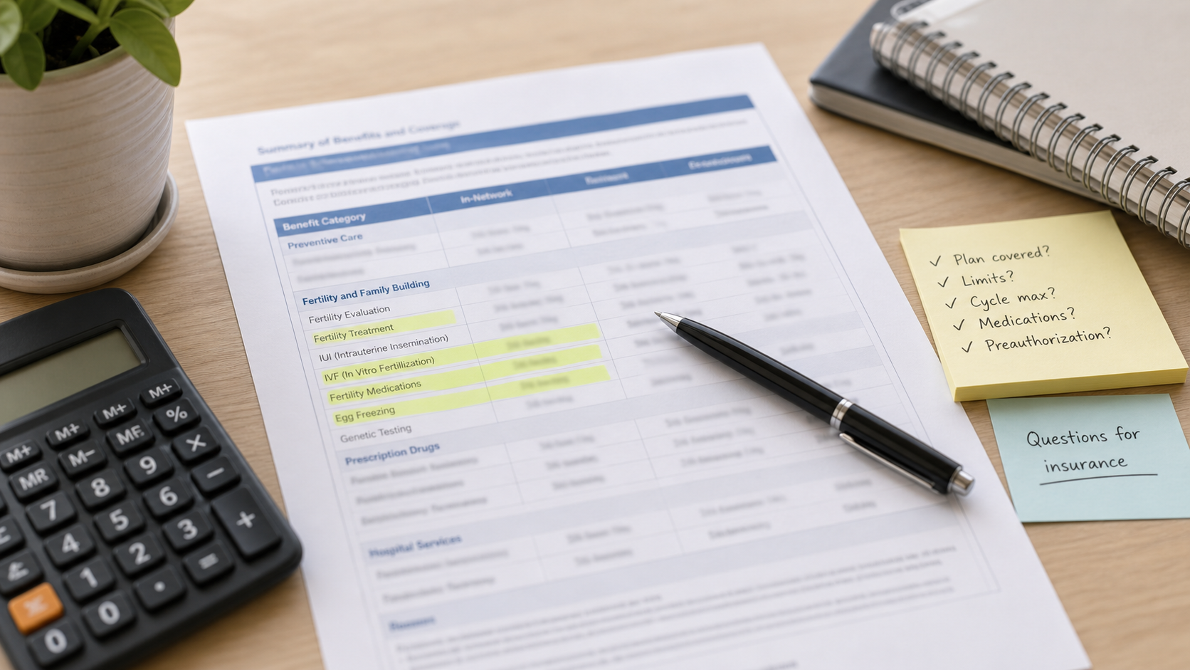 create a realistic close-up of a printed insurance benefits page with highlighted generic fertility benefit lines. Place a pen, sticky notes, and a calcula