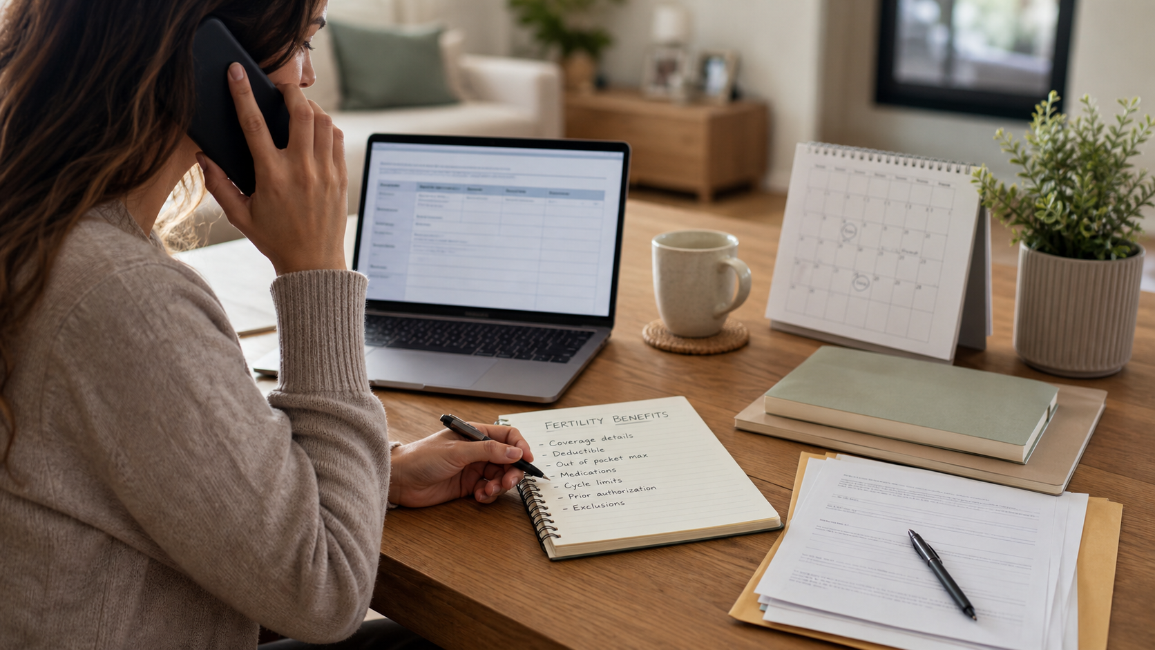 create a realistic image of a woman on the phone with an insurance company, writing notes in a notebook labeled “fertility benefits.” Include a laptop and
