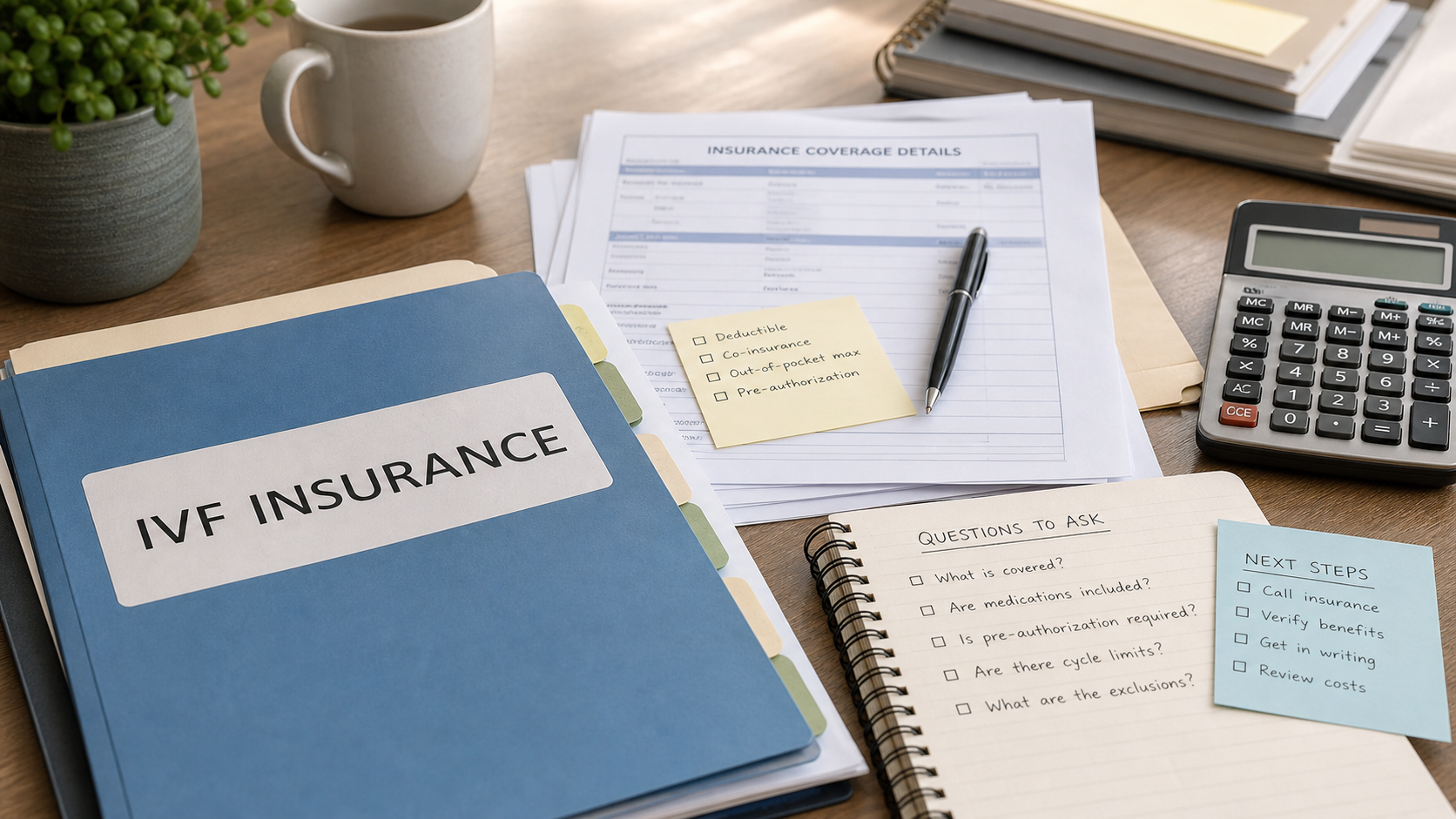 create a realistic image of an organized folder labeled “IVF insurance,” with printed documents, sticky notes, and a calculator. Keep labels generic and no