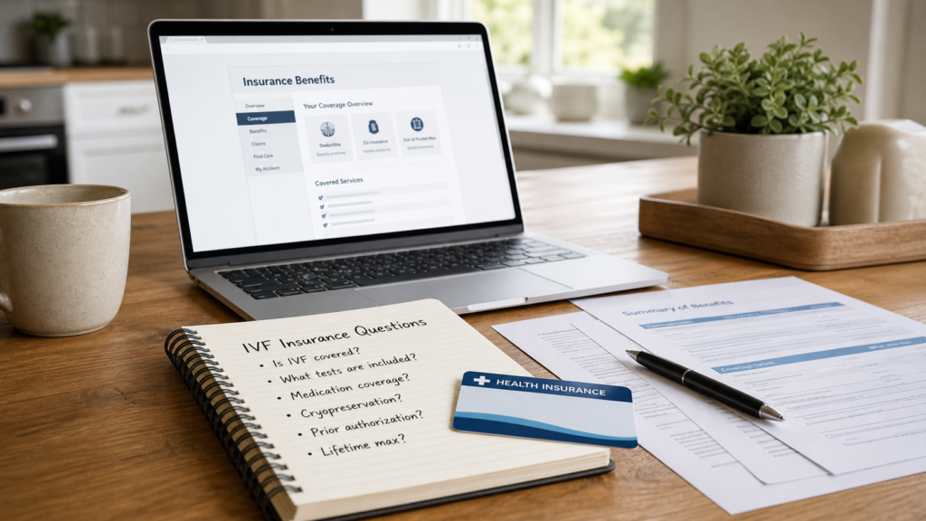 IVF insurance questions with laptop, notebook, and medical forms