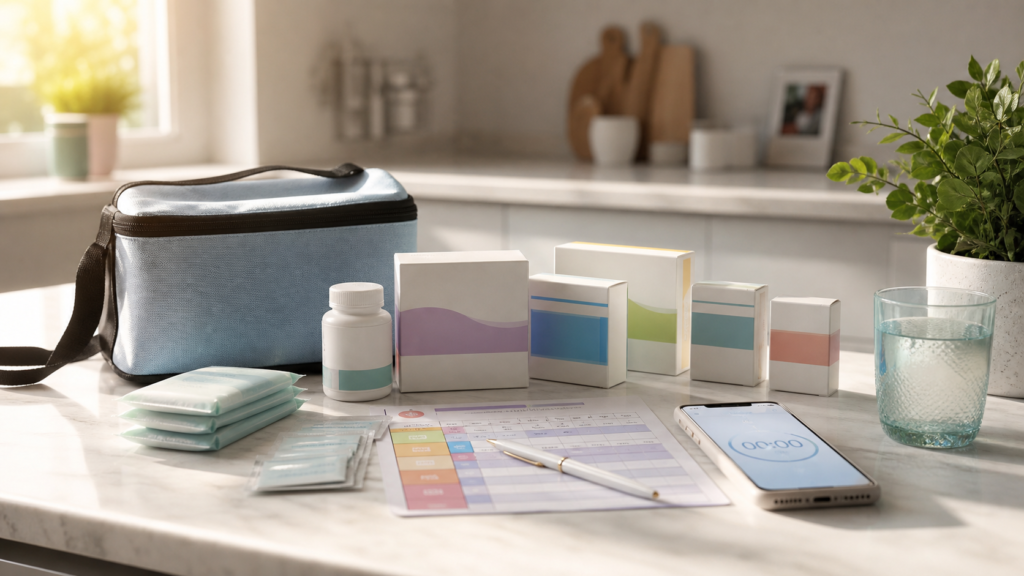 Organized IVF medication supplies with treatment schedule and phone timer