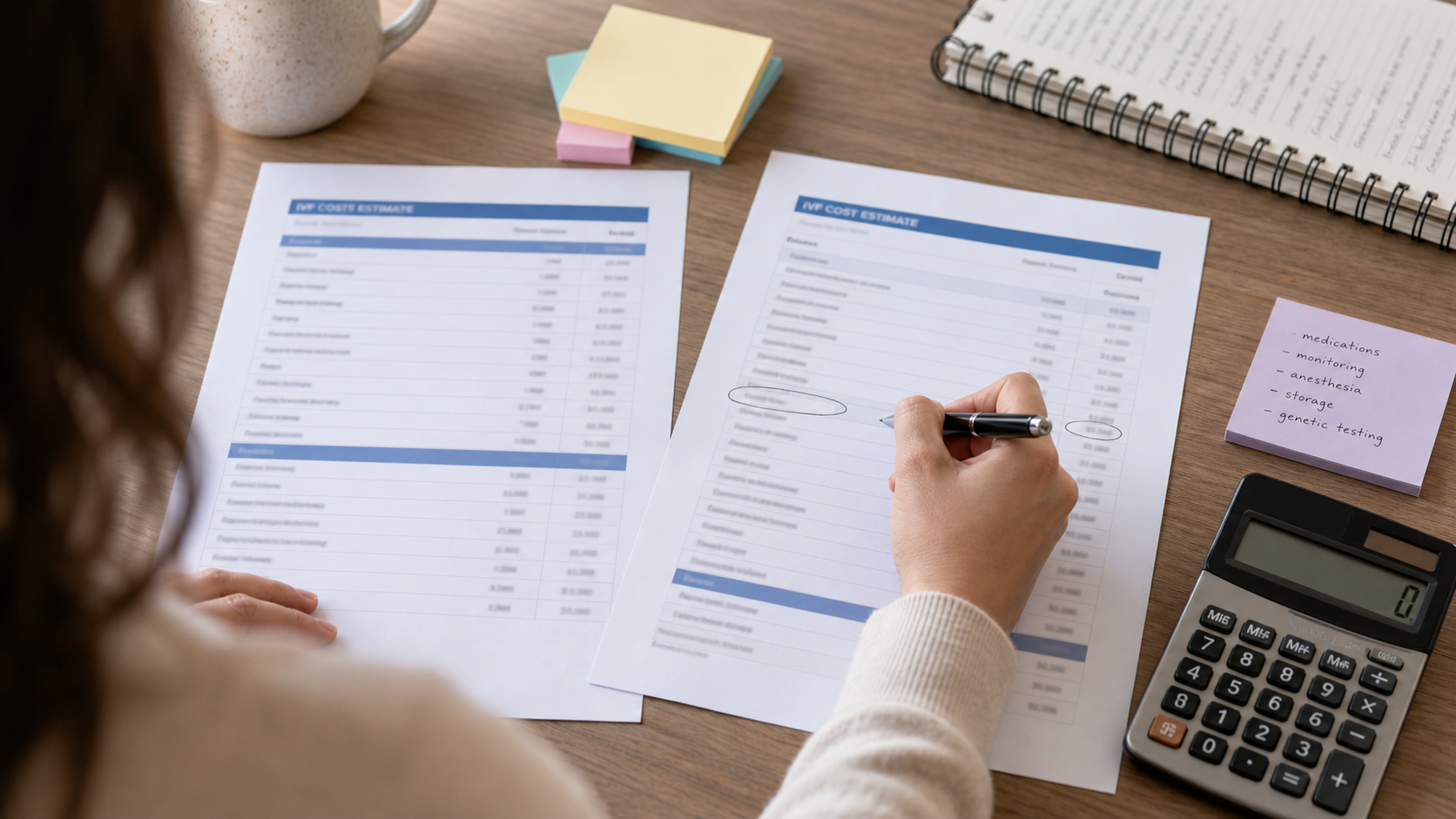 create a realistic image of a fertility medication checklist with generic categories, not brand names, beside a pen and calendar. The list should include s
