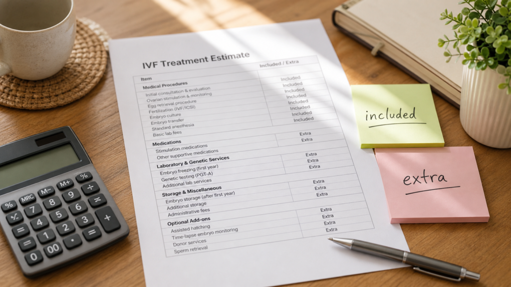 Itemized IVF clinic estimate with calculator and included versus extra cost notes