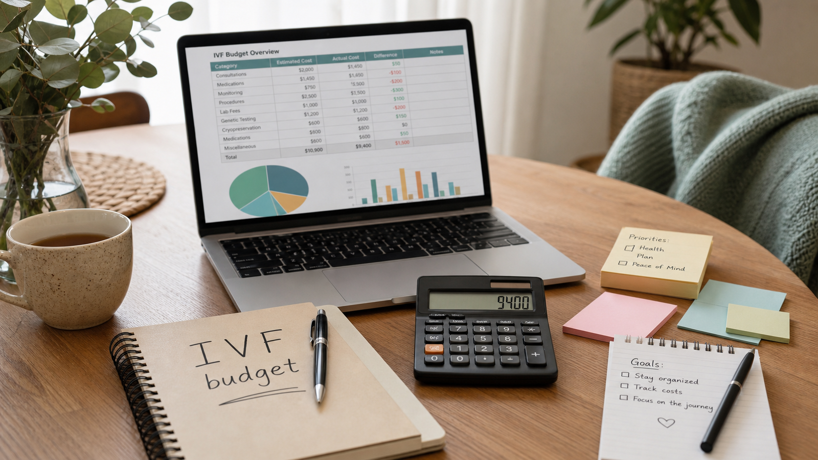 create a realistic image of a woman sitting at a laptop with a spreadsheet open, comparing two fertility clinic estimates. Show a notebook with handwritten